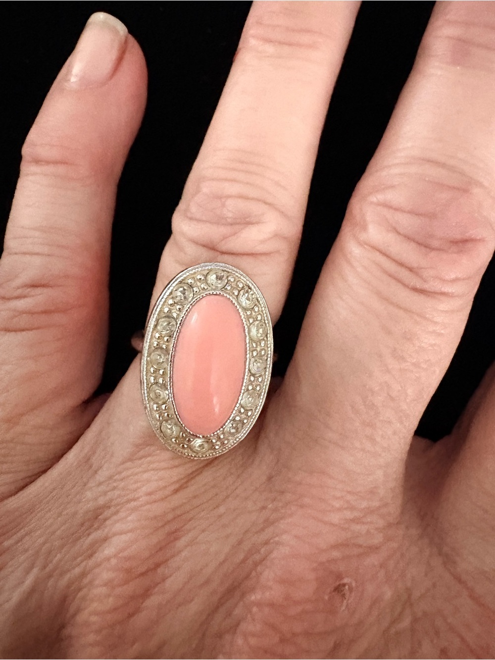 Pink Oval Stone Silver-Trim Statement Ring